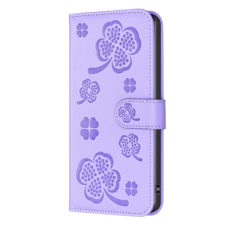 For iPhone 13 Pro Max Four-leaf Embossed Leather Phone Case(Purple)