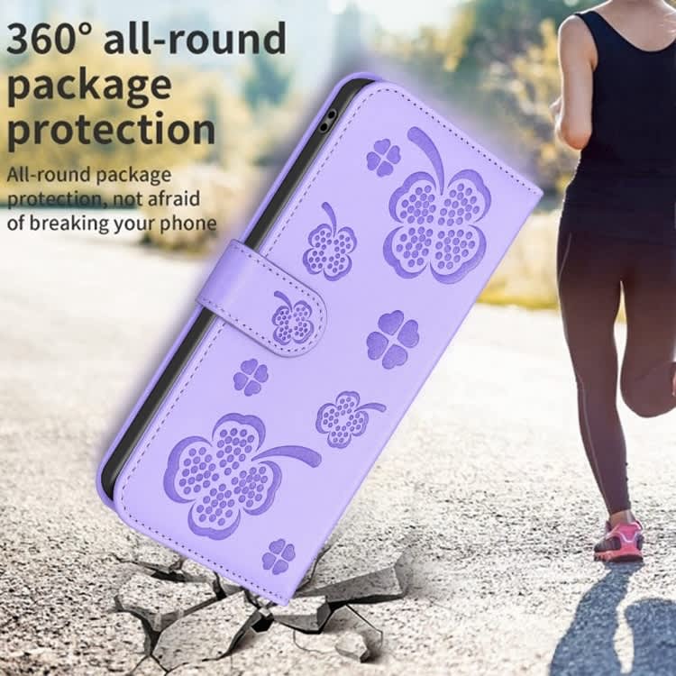 For iPhone 13 Pro Max Four-leaf Embossed Leather Phone Case(Purple)