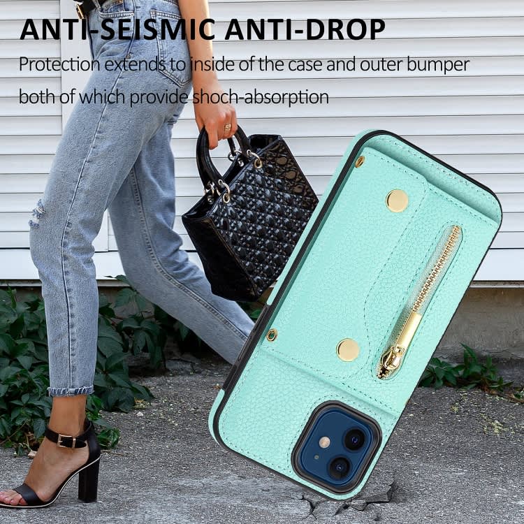 For iPhone 11 DF-09 Crossbody Litchi texture Card Bag Design PU Phone Case(Cyan)