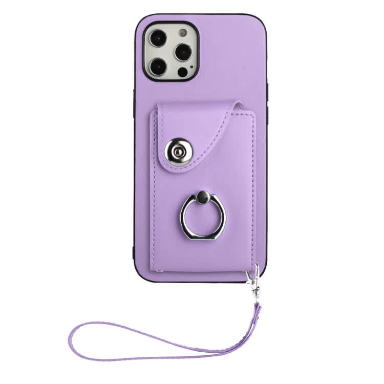 For iPhone 12 Pro Max Organ Card Bag Ring Holder PU Phone Case with Lanyard(Purple)