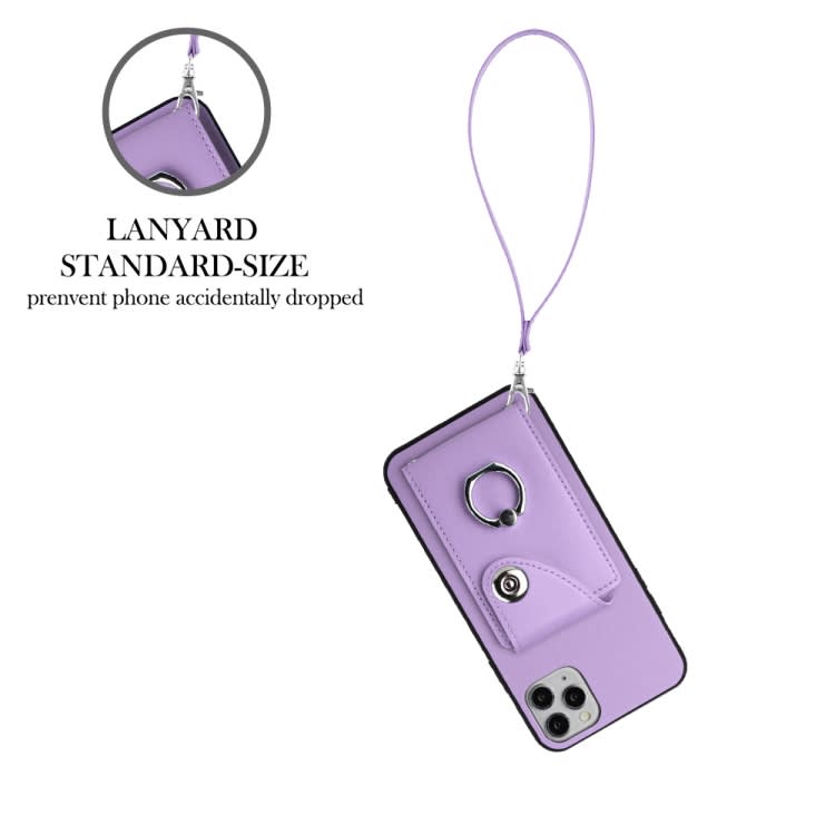 For iPhone 11 Pro Max Organ Card Bag Ring Holder PU Phone Case with Lanyard(Purple)