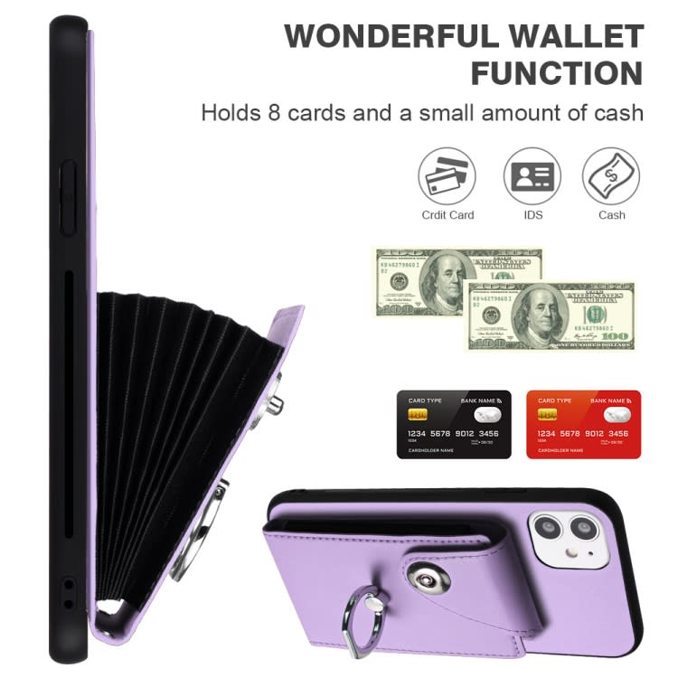 For iPhone 11 Organ Card Bag Ring Holder PU Phone Case with Lanyard(Purple)