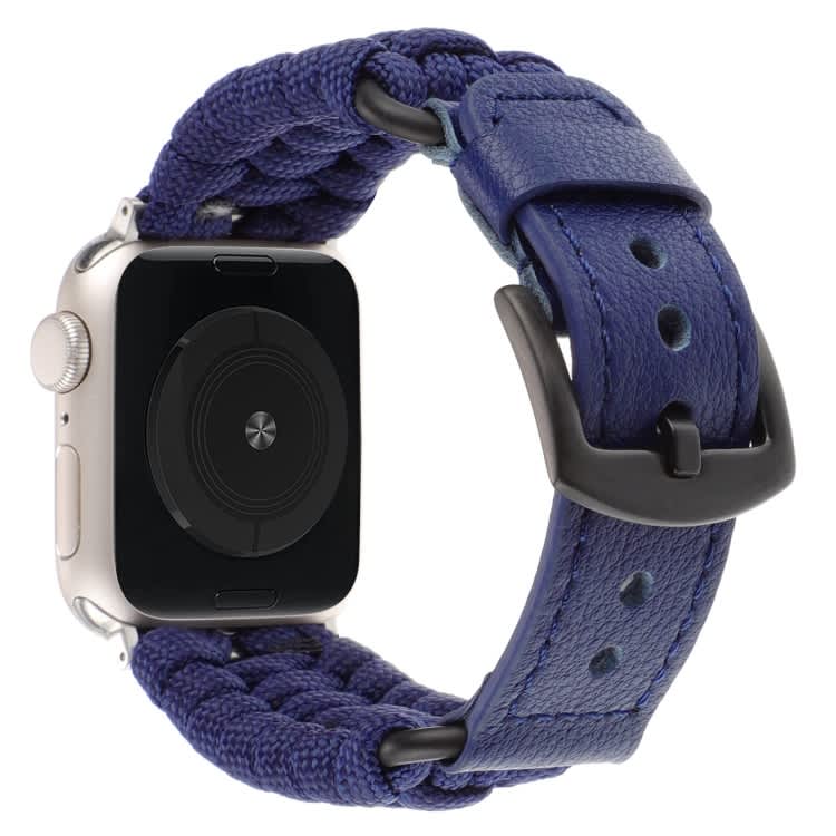 For Apple Watch SE 2022 44mm Plain Paracord Genuine Leather Watch Band(Royal Blue)