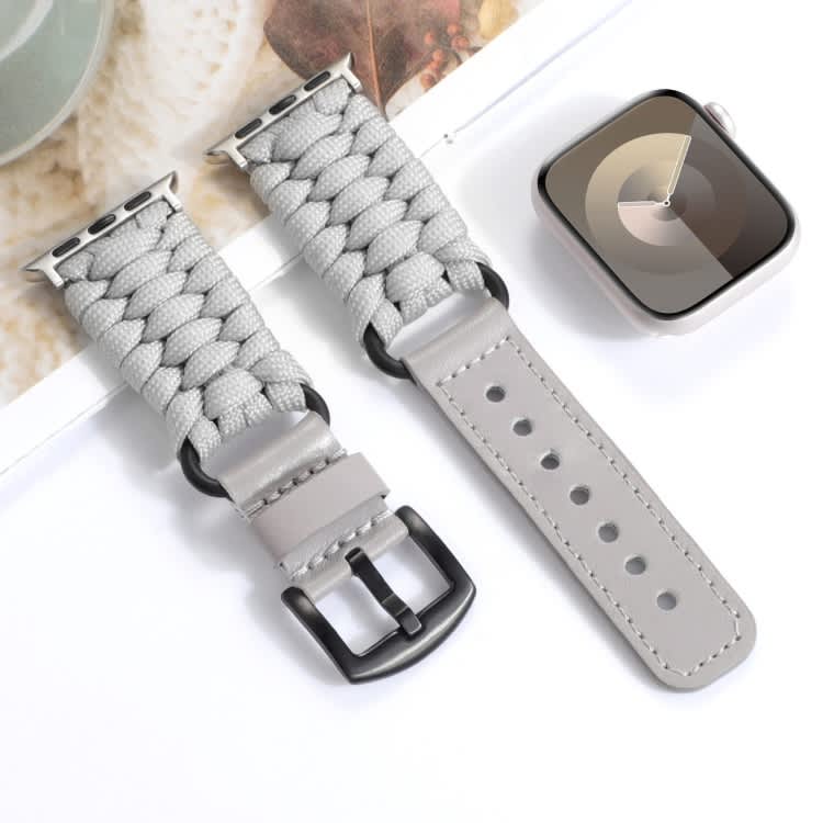 For Apple Watch Series 7 41mm Plain Paracord Genuine Leather Watch Band(Grey)