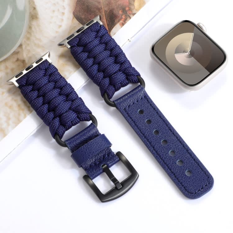 For Apple Watch Series 7 45mm Plain Paracord Genuine Leather Watch Band(Royal Blue)