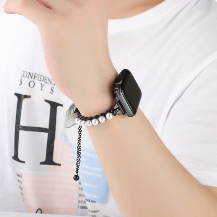 For Apple Watch Series 4 40mm Pearl Bracelet Metal Watch Band(Black)