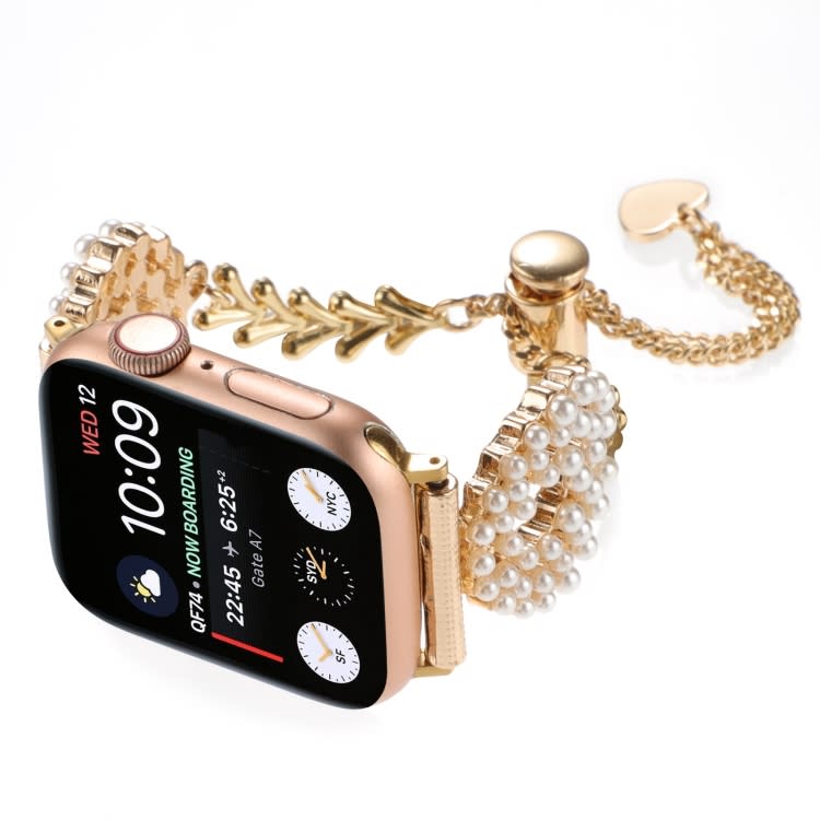 For Apple Watch Series 5 44mm Pearl Round Zinc Alloy Chain Metal Watch Band(Gold)