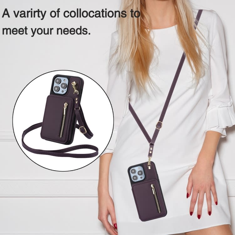 For iPhone 15 Pro Max YM006 Skin Feel Zipper Card Bag Phone Case with Dual Lanyard(Dark Purple)
