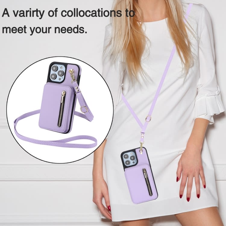 For iPhone 15 Pro YM006 Skin Feel Zipper Card Bag Phone Case with Dual Lanyard(Light Purple)