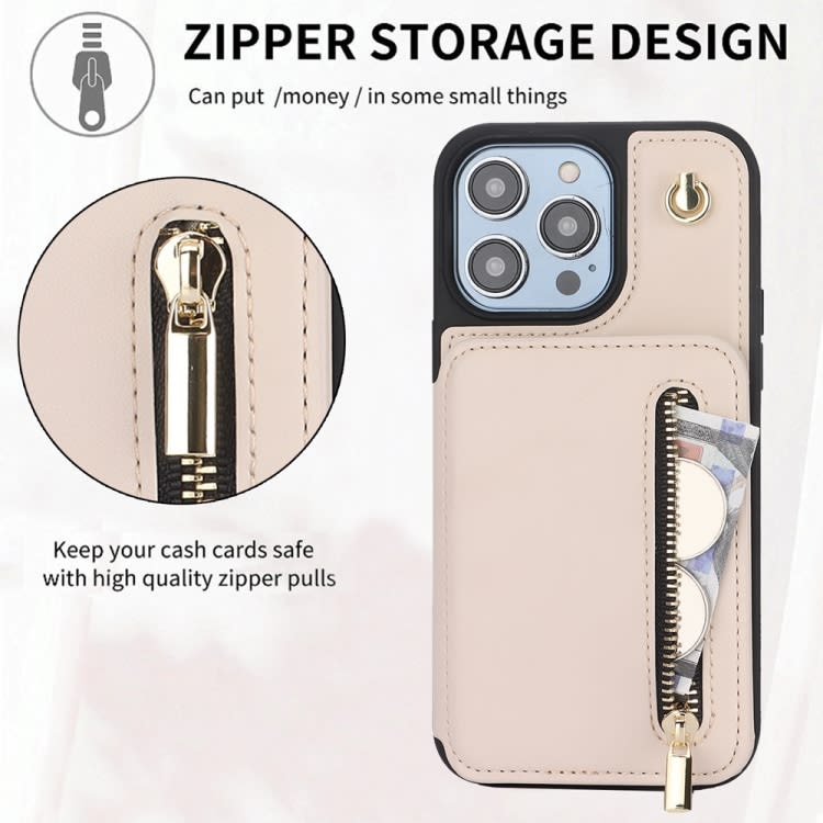 For iPhone 12 Pro Max YM006 Skin Feel Zipper Card Bag Phone Case with Dual Lanyard(Apricot)