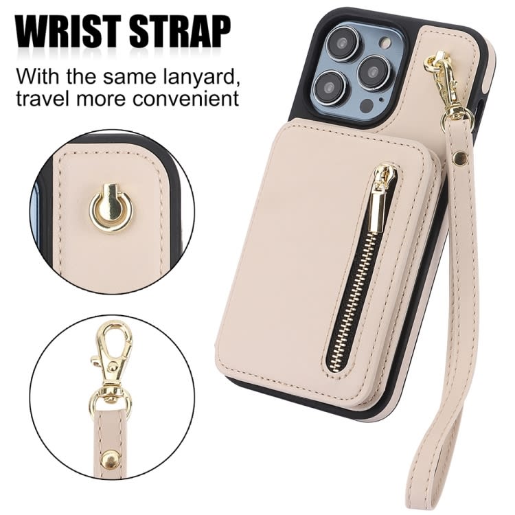 For iPhone 12 Pro Max YM006 Skin Feel Zipper Card Bag Phone Case with Dual Lanyard(Apricot)