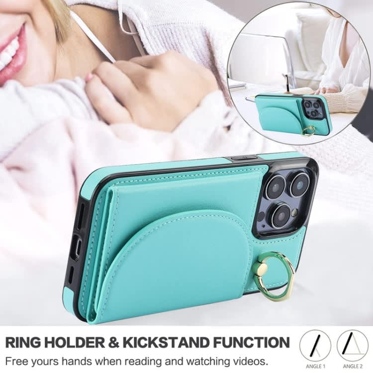 For iPhone 15 YM007 Ring Holder Card Bag Skin Feel Phone Case(Green)