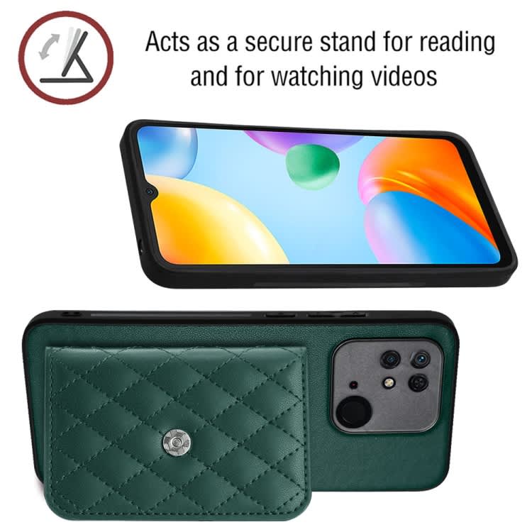 For Xiaomi Redmi 10C Rhombic Texture Card Bag RFID Phone Case with Long Lanyard(Green)