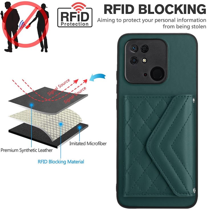 For Xiaomi Redmi 10C Rhombic Texture Card Bag RFID Phone Case with Long Lanyard(Green)