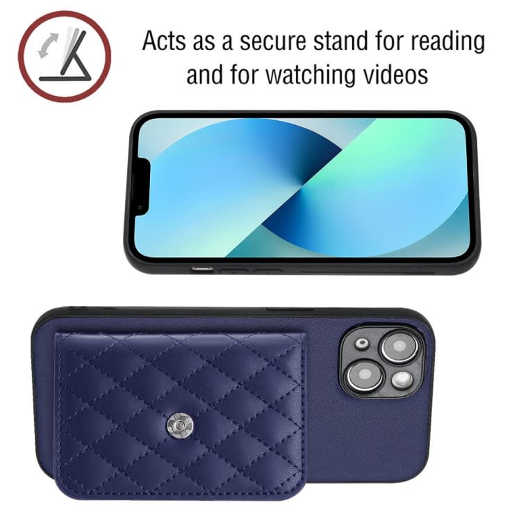 For iPhone 14 Plus Rhombic Texture Card Bag RFID Phone Case with Long Lanyard(Dark Purple)