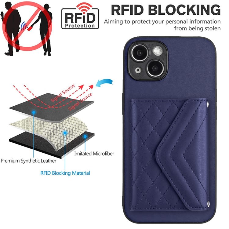 For iPhone 14 Plus Rhombic Texture Card Bag RFID Phone Case with Long Lanyard(Dark Purple)