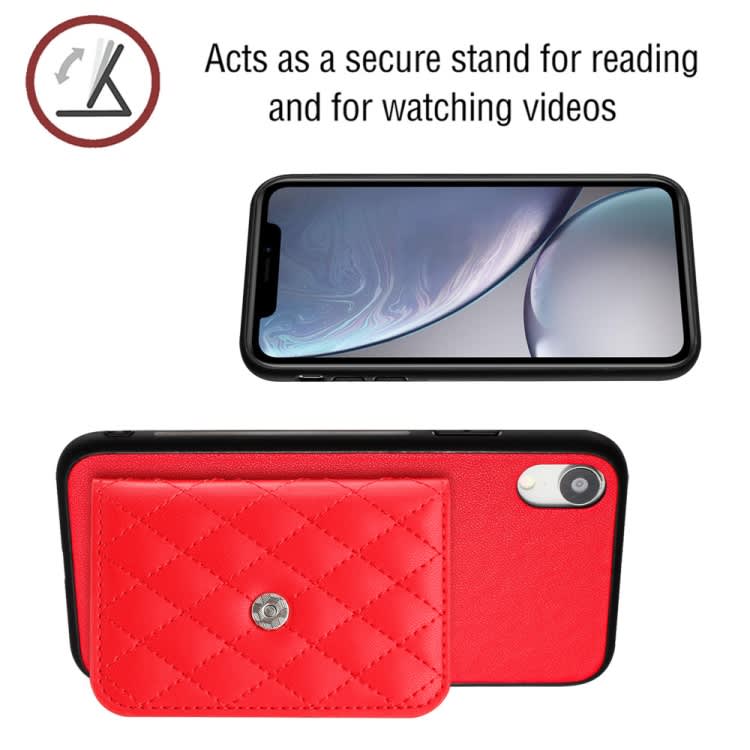 For iPhone XR Rhombic Texture Card Bag RFID Phone Case with Long Lanyard(Red)