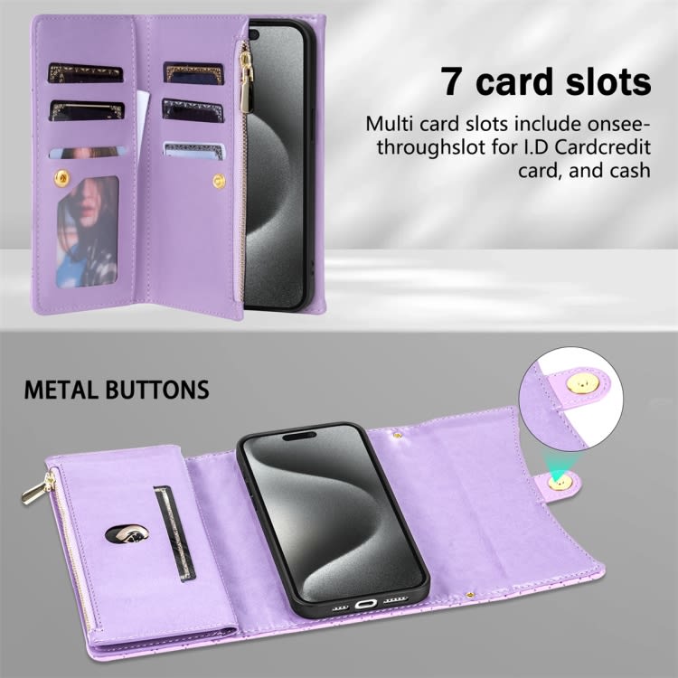 For iPhone 15 Zipper Multi-Card Wallet Rhombic Leather Phone Case(Purple)
