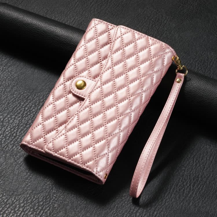 For Samsung Galaxy A24 4G Zipper Multi-Card Wallet Rhombic Leather Phone Case(Rose Gold)