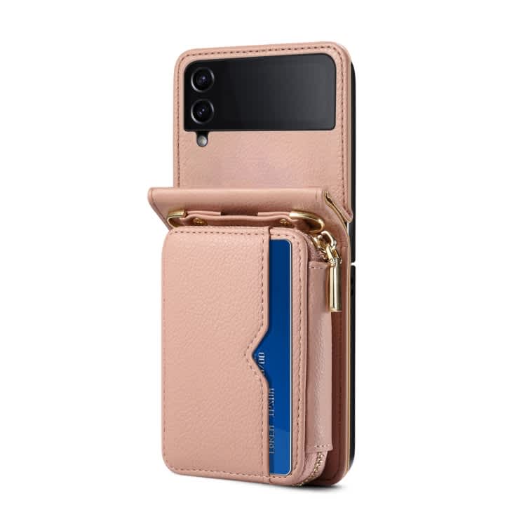 For Samsung Galaxy Z Flip3 Folding Leather Phone Case with Long Lanyard(Rose Gold)