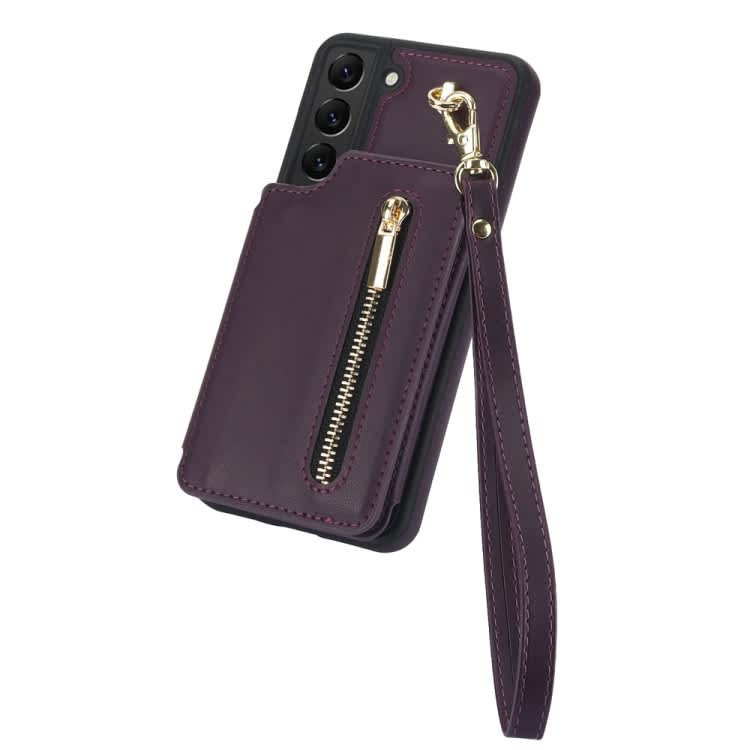 For Samsung Galaxy S22 5G YM006 Skin Feel Zipper Card Bag Phone Case with Dual Lanyard(Dark Purple)