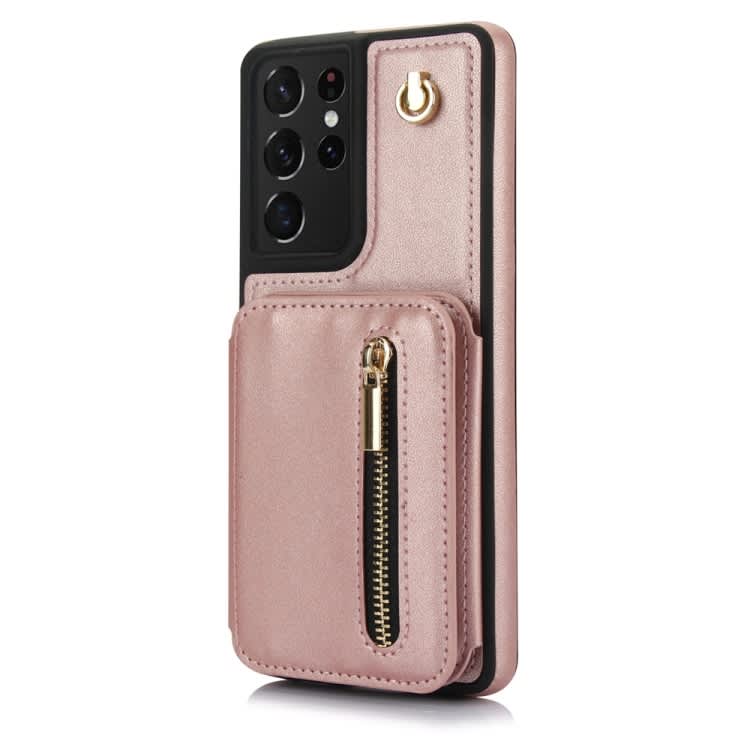 For Samsung Galaxy S21 Ultra 5G YM006 Skin Feel Zipper Card Bag Phone Case with Dual Lanyard(Rose G