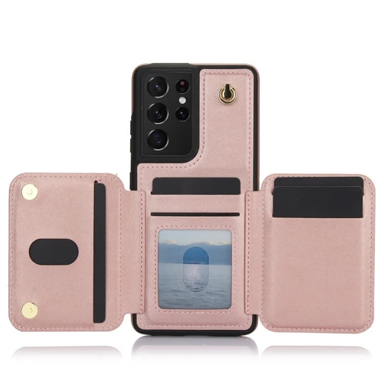 For Samsung Galaxy S21 Ultra 5G YM006 Skin Feel Zipper Card Bag Phone Case with Dual Lanyard(Rose G