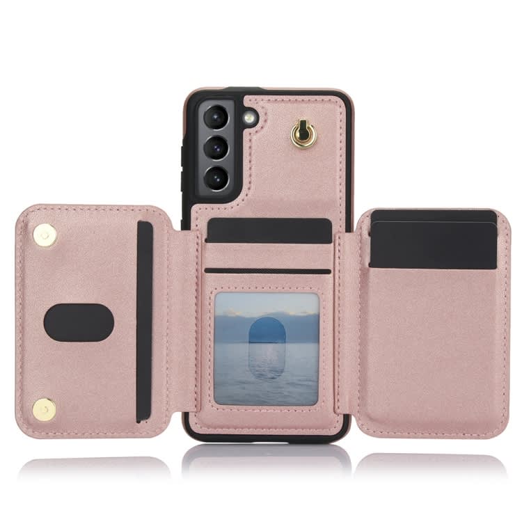 For Samsung Galaxy S21+ 5G YM006 Skin Feel Zipper Card Bag Phone Case with Dual Lanyard(Rose Gold)