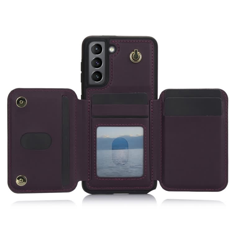 For Samsung Galaxy S21+ 5G YM006 Skin Feel Zipper Card Bag Phone Case with Dual Lanyard(Dark Purple