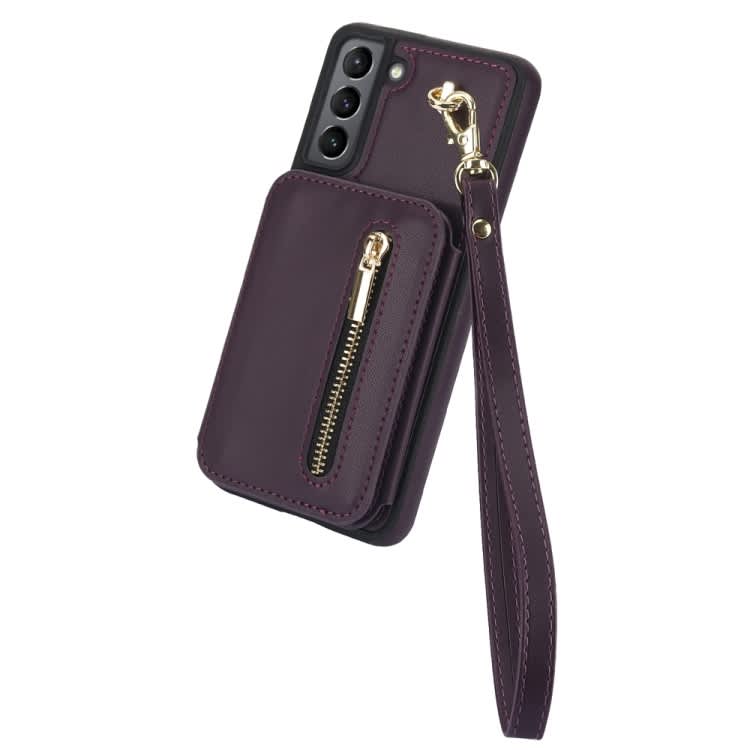 For Samsung Galaxy S21+ 5G YM006 Skin Feel Zipper Card Bag Phone Case with Dual Lanyard(Dark Purple