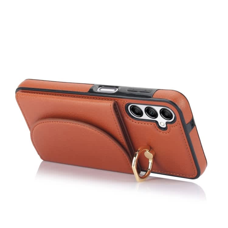 For Samsung Galaxy A14 4G / 5G YM007 Ring Holder Card Bag Skin Feel Phone Case(Brown)