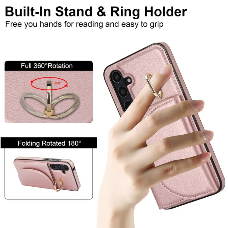 For Samsung Galaxy A55 5G YM007 Ring Holder Card Bag Skin Feel Phone Case(Rose Gold)