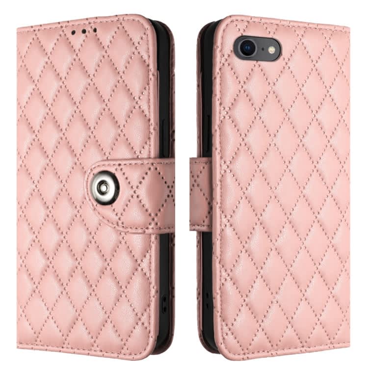 For iPhone SE 2022 / 2020 / 8 / 7 Rhombic Texture Flip Leather Phone Case with Lanyard(Coral Pink)