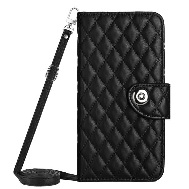 For Samsung Galaxy A25 5G Rhombic Texture Flip Leather Phone Case with Long Lanyard(Black)