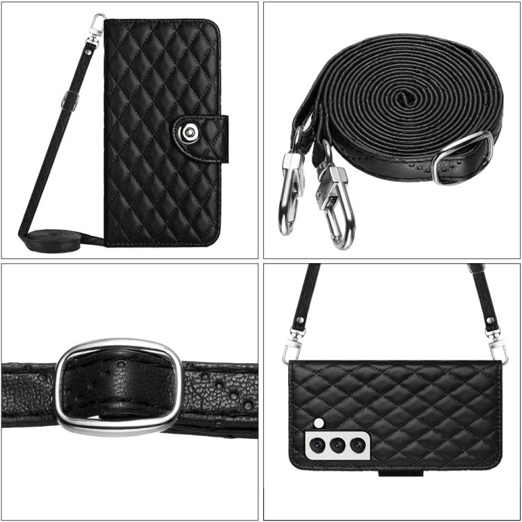 For Samsung Galaxy S22 5G Rhombic Texture Flip Leather Phone Case with Long Lanyard(Black)