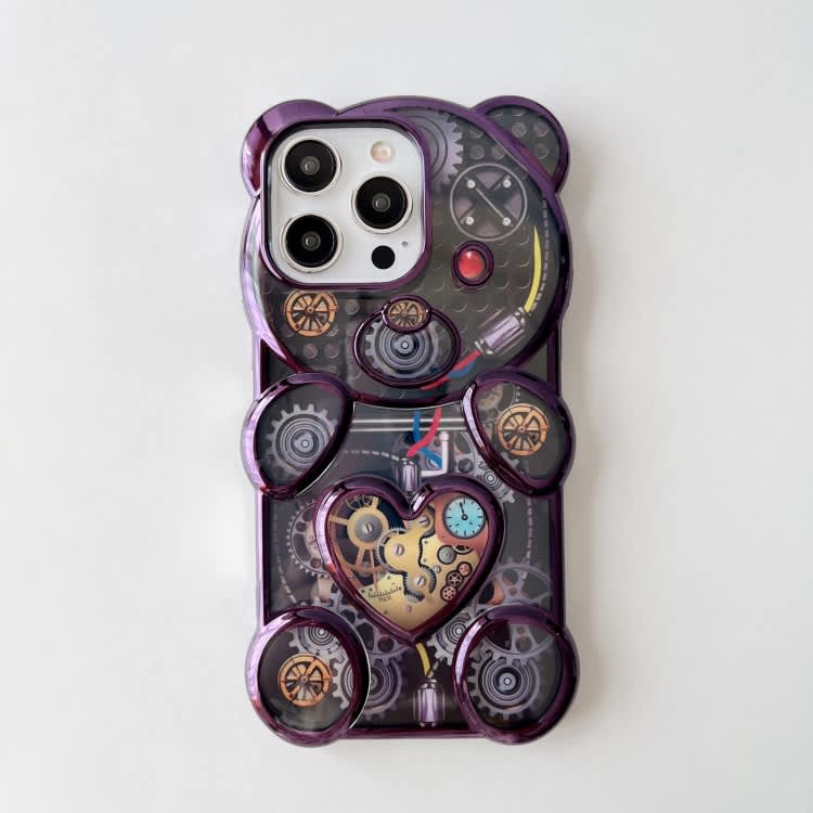 For iPhone 14 Pro Bear Shaped Embossed Electroplated TPU Phone Case(Purple)