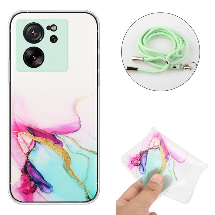 For Xiaomi 13T / 13T Pro Hollow Marble Pattern TPU Phone Case with Neck Strap Rope(Green)