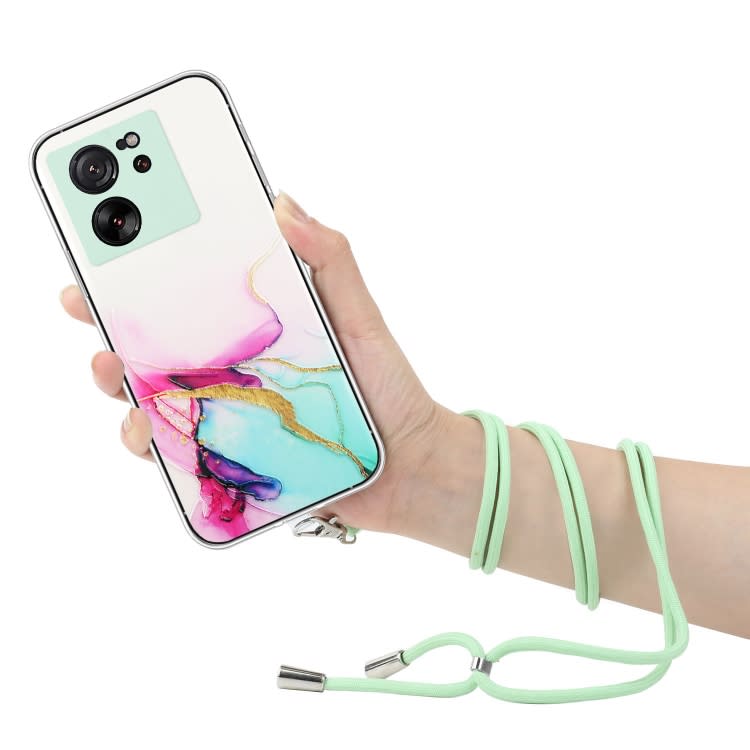 For Xiaomi 13T / 13T Pro Hollow Marble Pattern TPU Phone Case with Neck Strap Rope(Green)