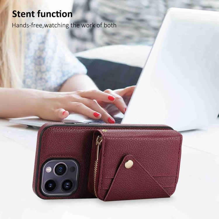 For iPhone 14 Crossbody Zipper Card Bag RFID Anti-theft Phone Case(Wine Red)