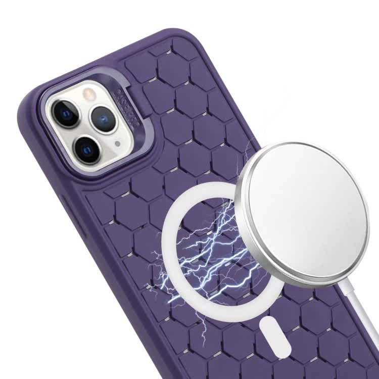 For iPhone 15 Pro Max Honeycomb Radiating Lens Holder Magsafe Phone Case with Lanyard(Purple)
