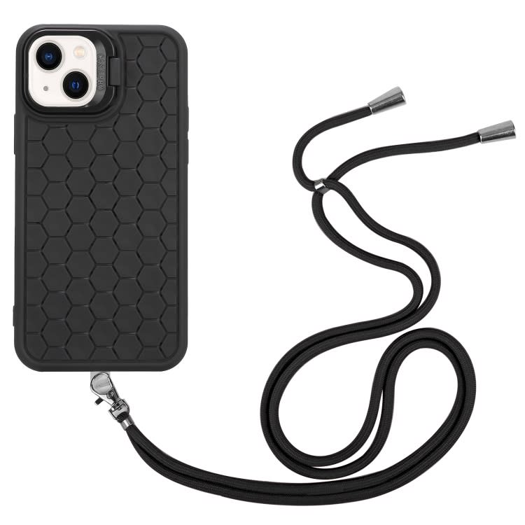 For iPhone 15 Honeycomb Radiating Lens Holder Magsafe Phone Case with Lanyard(Black)