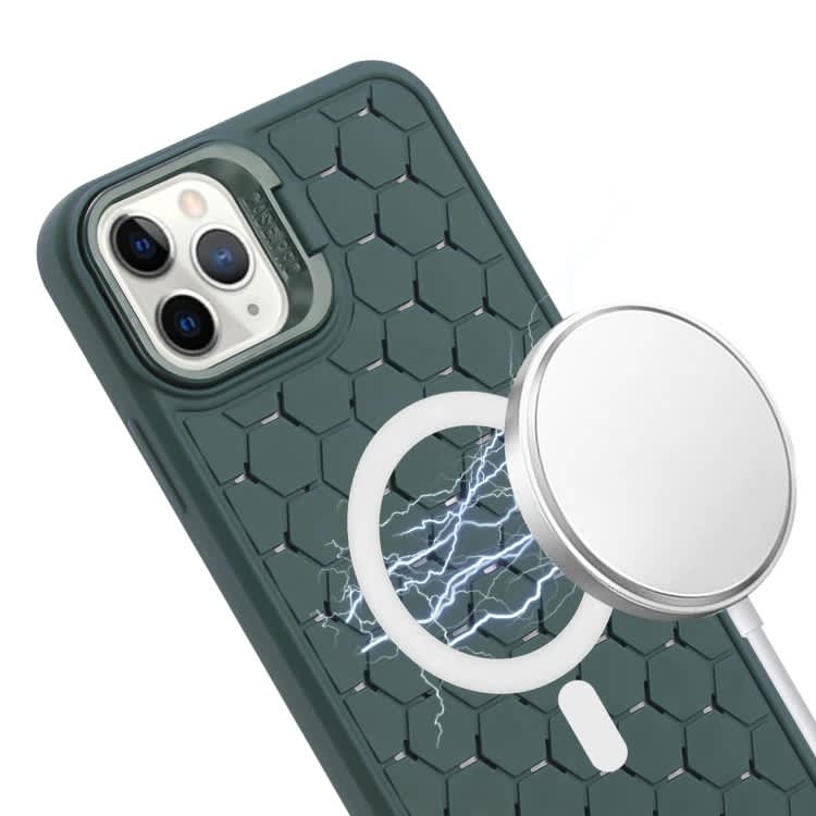 For iPhone 14 Pro Max Honeycomb Radiating Lens Holder Magsafe Phone Case with Lanyard(Green)