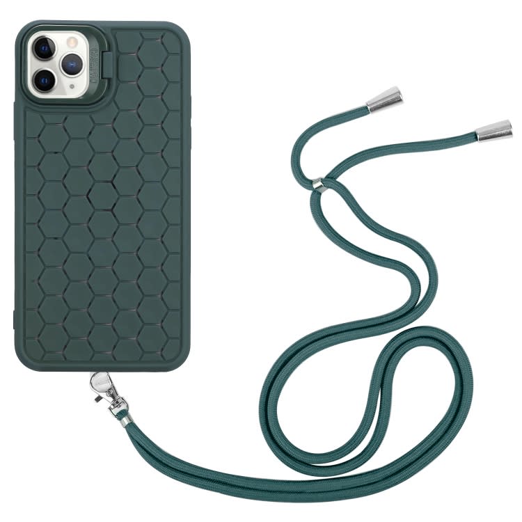 For iPhone 13 Pro Max Honeycomb Radiating Lens Holder Magsafe Phone Case with Lanyard(Green)