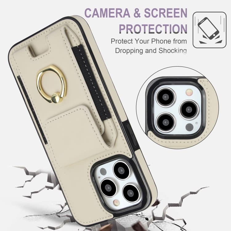 For iPhone 15 Pro Elastic Card Bag Ring Holder Phone Case(White)