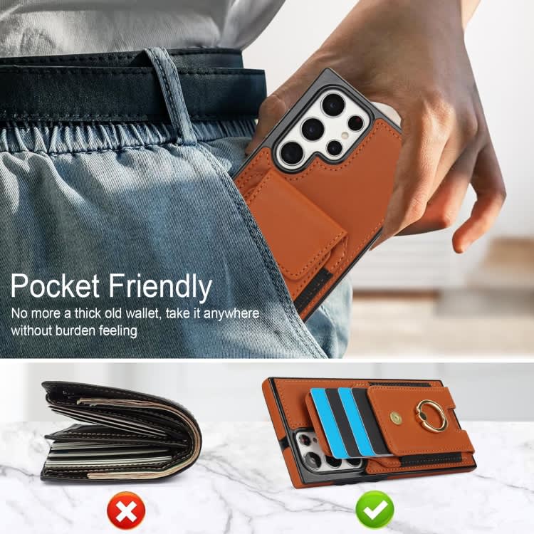For Samsung Galaxy S22 Ultra 5G Elastic Card Bag Ring Holder Phone Case(Brown)