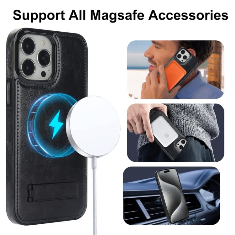For iPhone 15 Pro Max Retro Leather Invisible Stand MagSafe Phone Case(Black)