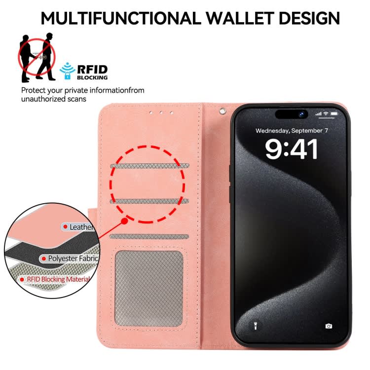 For iPhone 12 Pro Max ABEEL Color Block Magnetic RFID Leather Phone Case(Pink-Cyan)