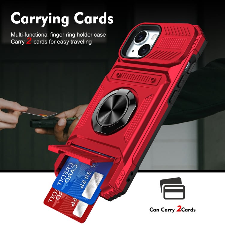 For iPhone 15 TPU+PC Shockproof Card Phone Case with Metal Ring Holder(Red)