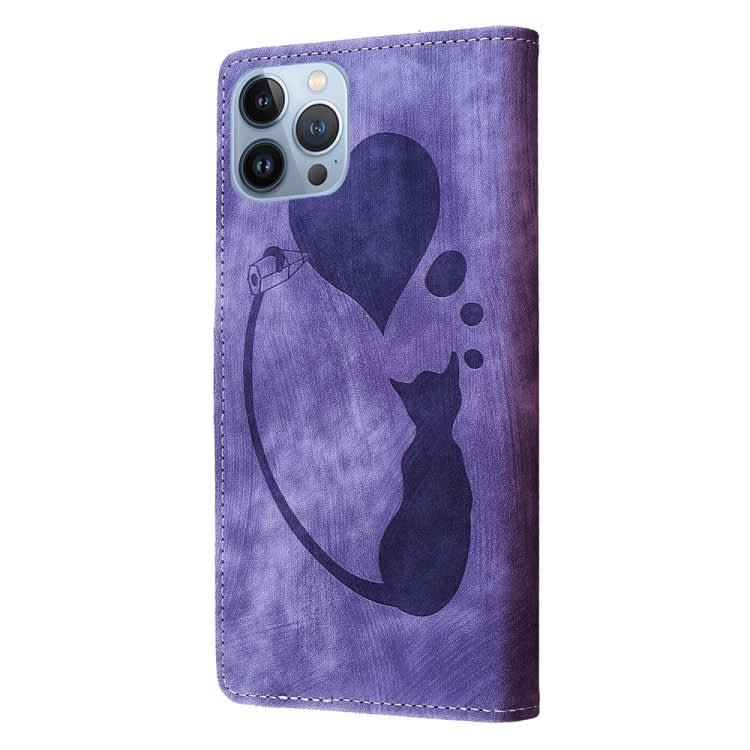For iPhone 13 Pro Pen Heart Cat Embossed Leather Phone Case(Purple)