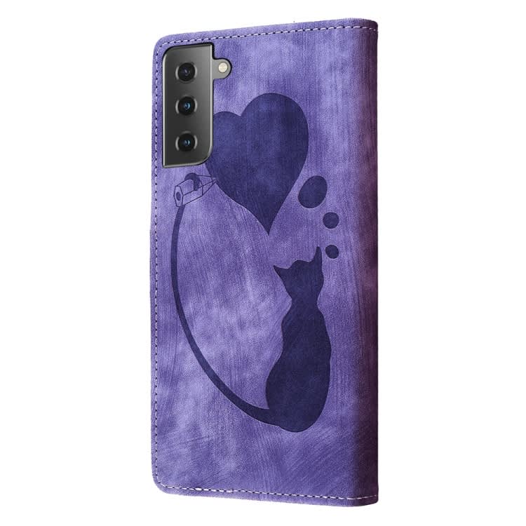 For Samsung Galaxy S21+ 5G Pen Heart Cat Embossed Leather Phone Case(Purple)